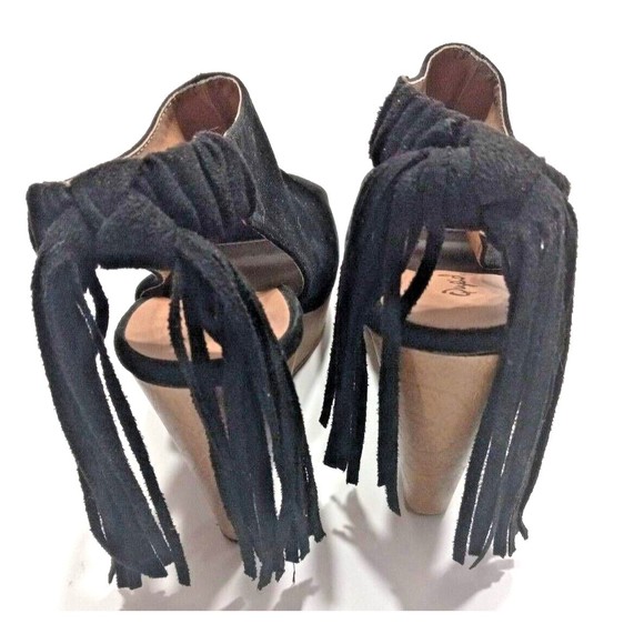 Qupid Platform Wedge Fringed Heel Sandal Black Suede Leather Elastic Back - Picture 3 of 12